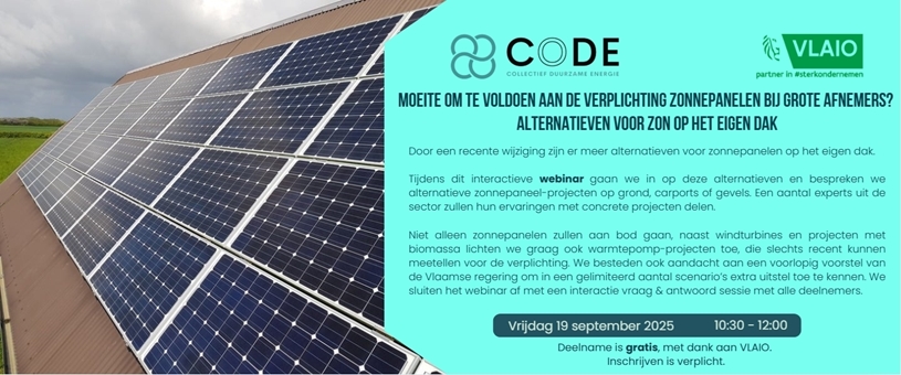 Webinar: moeite om op tijd te voldoen aan de verplichting zonnepanelen bij grote afnemers? Alternatieven voor zon op het eigen dak.