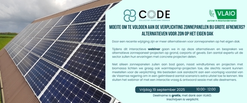 Webinar: moeite om op tijd te voldoen aan de verplichting zonnepanelen bij grote afnemers? Alternatieven voor zon op het eigen dak.
